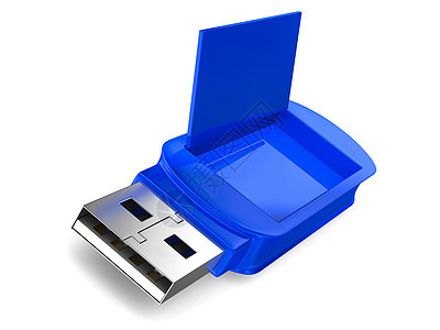白色背景上的 usb 闪存驱动器 孤立的 3D 图像钥匙配饰蓝色驾驶机动性店铺插头记忆贮存软件图片