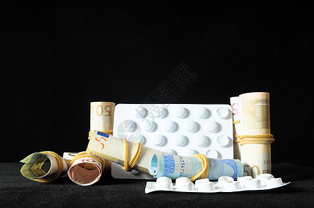 药丸和金钱治疗医疗白色现金药片疾病金子货币商业药物图片