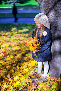 在阳光明媚的秋天 秋天草原上的小美少女微笑橙子乐趣婴儿外套孩子树叶晴天树木幸福图片
