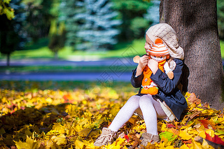 女孩坐在叶子上美丽的时装女郎 在阳光明媚的秋天坐在一棵有洋娃娃的山坡树下树木晴天乐趣树叶森林女孩橙子天气童年玩具背景