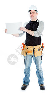 白种男子合同承包商 40岁安全帽牛仔布喜悦男人微笑男性电工领班修理工木匠图片