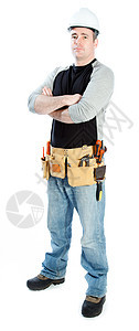 白种男子合同承包商 40岁修理工建筑工人阶级安全帽礼帽双臂沉思牛仔布思维工具图片