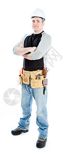 白种男子合同承包商 40岁男性微笑快乐工程师建筑安全帽修理工建筑工人工匠双臂图片