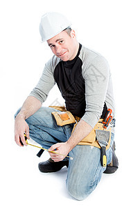 白种男子合同承包商 40岁建筑工匠测量工程师家装牛仔布礼帽领班技术员工具图片