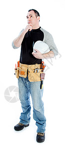 白种男子合同承包商 40岁牛仔布修理工头盔建筑工人活动礼帽家装工人阶级修理职业图片