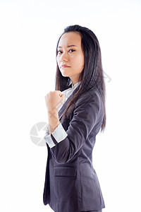 有吸引力的亚洲女孩 三十几岁孤立在白色背景上商务拳头腰部黑发商业胜利愤怒情绪套装女性图片