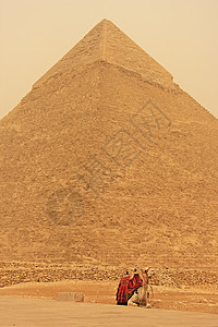 骆驼在开罗Khafre金字塔附近栖息考古学异位素大篷车狮身石头纪念碑金字塔风暴沙漠地标图片