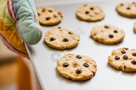 妇女拿着餐盘 用烤饼干和厨房手套巧克力烤箱食物小吃托盘棕色饼干芯片早餐女士图片