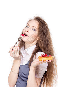 女人享受蛋糕糕点甜点水果黑发营养食物油炸早餐美丽垃圾图片