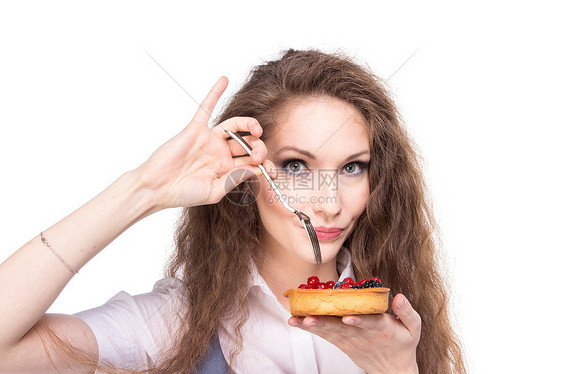 女人享受蛋糕营养糕点早餐思考女孩水果油炸美丽女性商业图片
