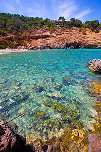 海滩在Balearics带清水波浪天堂天空海洋小岛太阳假期旅行石头蓝色图片