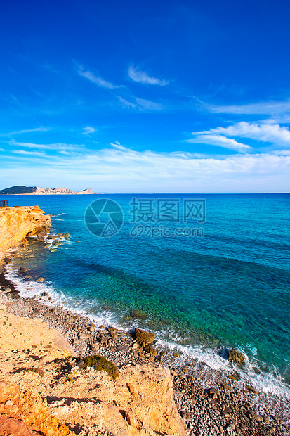 在巴利阿里奇的圣何塞南部海滩假期旅行蓝色晴天天空天堂波浪太阳海岸小岛图片