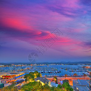伊比萨圣安东尼奥阿巴德桑特安东尼天堂蓝色阳光血管橙子帆船港口地平线太阳天空图片
