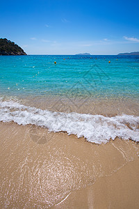 巴利阿里群岛的海滩圣胡安岛地标海洋旅游树木假期太阳悬崖波浪泡沫蓝色图片