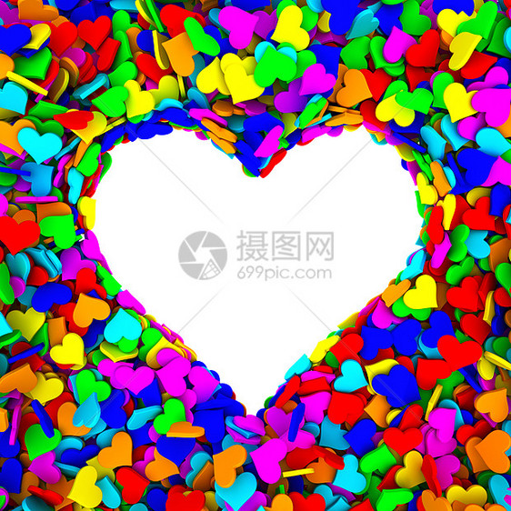 由许多色彩多彩的小心形组成的心脏形状空白框图片