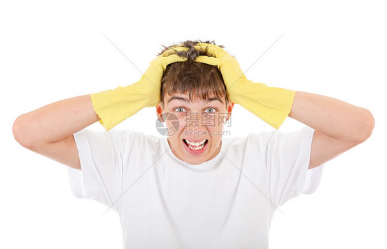 橡胶手套中麻烦的青少年紧张焦虑白色打扫青年工人头发失败黑发男性图片