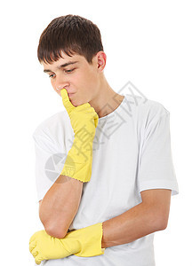 橡胶手套中的青少年清洁工工人小伙子黑发白色打扫男人男性思考黄色图片