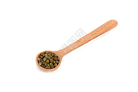木勺中的绿胡椒胡椒粒草本植物香菜香料棕色木头白色种子烹饪勺子图片