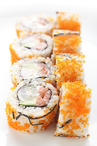白背景的亚洲寿司好吃叶子海鲜奢华美味盘子文化食物午餐白色小吃图片