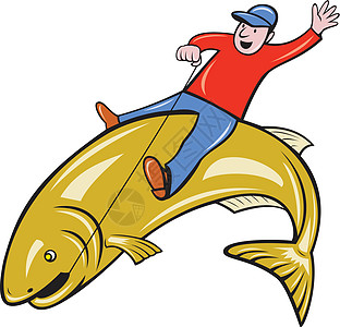 骑跳特鲁特鱼的渔民飞钓者跳跃插图钓鱼卡通片鳟鱼骑术图片