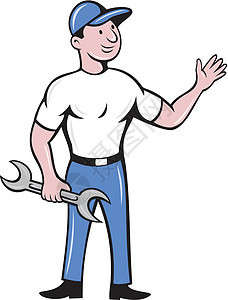 机械修理工打球手挥手艺术品卡通片扳手工具零售商男性男人插图工人图片