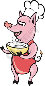 快乐的猪厨师煮烤面包机汤碗插图艺术品面包师卡通片服务图片