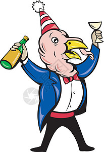 卡通火鸡西装 绑着瓶玻璃酒烤面包瓶子派对插图庆典领带酒精套装图片