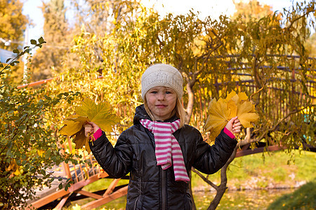 秋天公园的可爱女孩叶子乐趣微笑喜悦孩子童年季节围巾森林环境图片