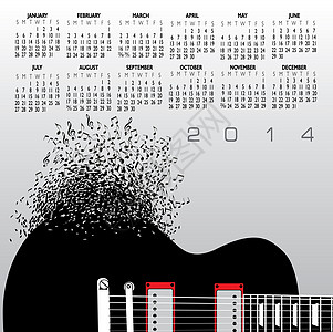 2014 吉他创意日历日记时间吉他季节插图程序议程日程杂志乐器背景图片