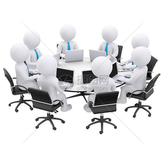 拥有笔记本电脑的商务人士坐在圆桌会议上联盟插图扶手椅商业木偶网络团队行政人员办公室团体图片