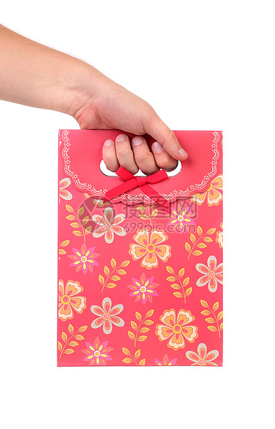 红皮纸袋 上面有鲜花空白零售礼物展示剪裁购物白色盒子红色打印图片