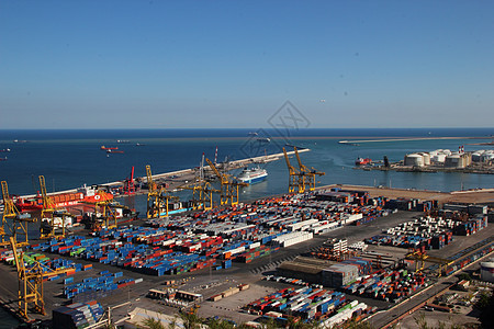巴塞罗那海港货物通讯运输血管出口仓库船运港口地平线交换图片