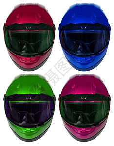 白色背景的摩托车头盔 Colage玻璃银绿色赛车运动红色保险蓝色紫色安全图片