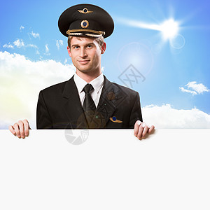 以持有空广告牌的形式进行试点木板空气航空公司卡片喷射队长侦察员男人纸板海报图片