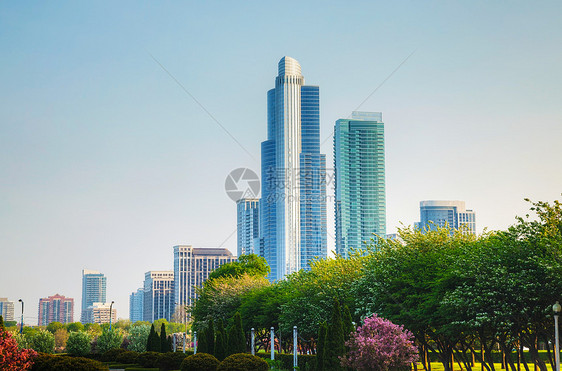 芝加哥市中心 IL 在阳光明媚的一天金融摩天大楼公园办公室博物馆街道城市建筑图片