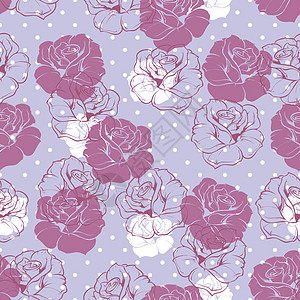 无缝矢量 深花纹模式 紫色粉红玫瑰和白复古玫瑰在Polka点的蓝色背景上图片