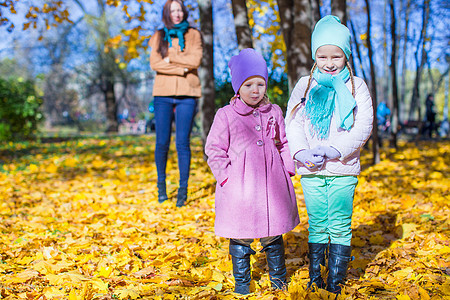 两个可爱的女孩 和他的年轻妈妈在公园里 在阳光明媚的秋天微笑伙伴父母女士树叶幸福天气晴天女儿母性图片
