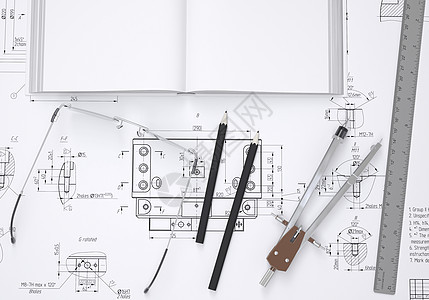 书籍 眼镜 标尺 指南针和铅笔草稿设计师工程师草图罗盘项目绘画计算机办公室设计图片