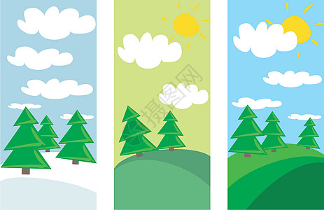 夏季 春季和冬季病媒景观平面设计横幅 上面有绿树和白云图片