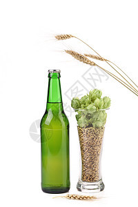 瓶装啤酒和啤酒啤酒厂味道小穗玻璃耳朵草本植物酿造宏观酒精瓶子图片
