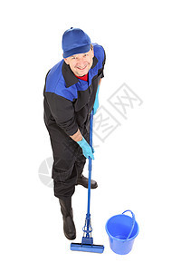 男人拿着扫帚和桶工具工作服工作除尘器手套家政女佣刷子房子卫生图片