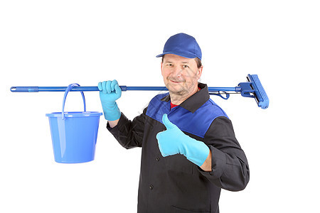 男人拿着扫帚和桶乐器海绵女佣手套家政工作卫生房子刷子工具图片