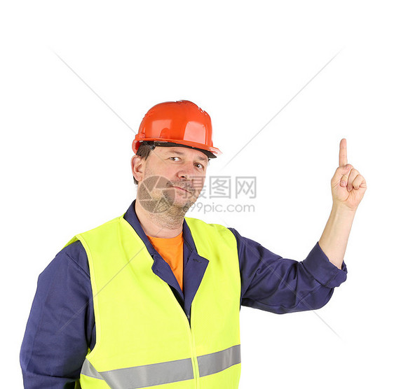 手举高的硬帽工人工作扳手男人机械管道条纹劳动背心建造身体图片
