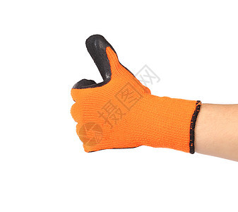 用橙色橡皮手套举起拇指乳胶工作清洁工药品生活安全工作服卫生家务手指图片