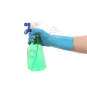 手套上手握着喷雾瓶卫生清洁工塑料厨房消毒剂洗涤化学品蓝色液体家务图片