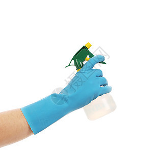 手套上手握着喷雾瓶工作塑料黄色瓶子清洁工工具厨房手指家务浴室图片