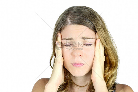 疟疾女性按摩情绪化痛苦女士眼睛白色金发女郎疼痛寺庙图片