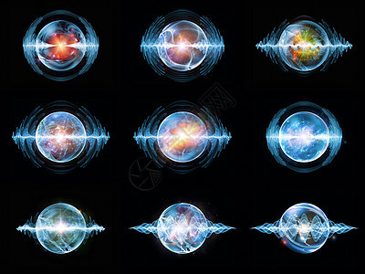 虚拟波粒子缩影辉光球体海浪蓝色量子插图生活原子教育图片