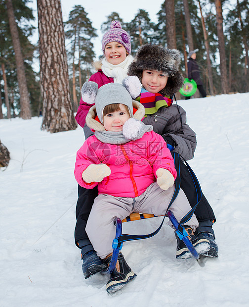 儿童在雪雪地上骑着雪橇姐姐孩子时间青年眼睛童年兄弟家庭女孩儿子图片