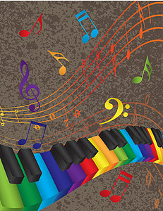 带 3D 色彩多彩密钥和音乐音符的钢琴瓦维边框图片